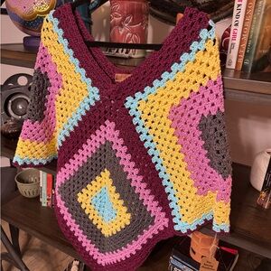 Red and Pink Crochet Poncho with Geometric Design